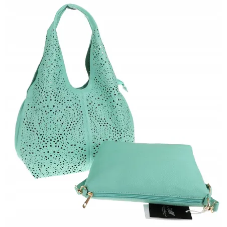 ANDREA MASSI Włoska Marka Torebka Damska Ażurowa 2w1 Worek na Ramię 23049 Aque Green