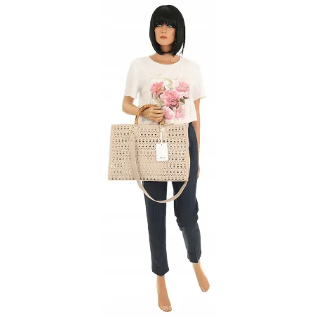 Phil Firenze Włoska Marka  Torebka Damska Ażurowa 2w1 Shopper Modna PH4845 Nude