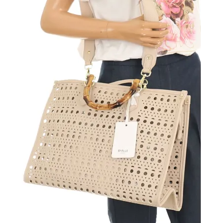 Phil Firenze Włoska Marka  Torebka Damska Ażurowa 2w1 Shopper Modna PH4845 Nude