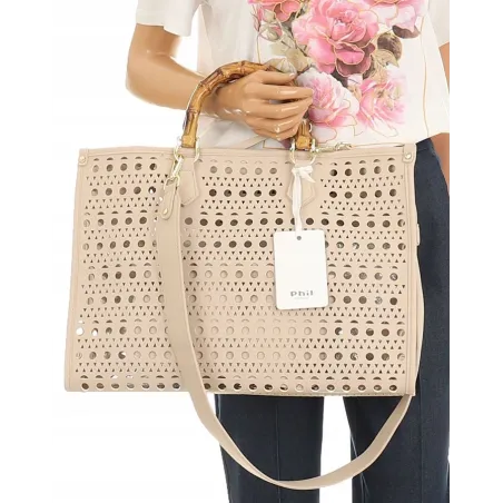 Phil Firenze Włoska Marka  Torebka Damska Ażurowa 2w1 Shopper Modna PH4845 Nude