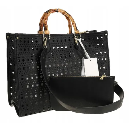 Phil Firenze Włoska Marka  Torebka Damska Ażurowa 2w1 Shopper Modna PH4845 Black