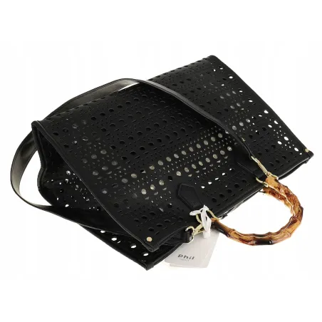 Phil Firenze Włoska Marka  Torebka Damska Ażurowa 2w1 Shopper Modna PH4845 Black
