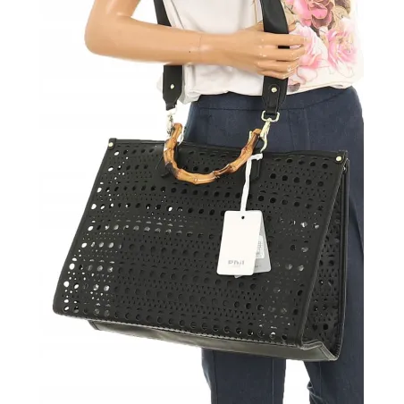 Phil Firenze Włoska Marka  Torebka Damska Ażurowa 2w1 Shopper Modna PH4845 Black