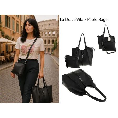 Paolo Bags Włoska Marka  Torebka Damska Shopper Listonoszka Worek L3025 Black