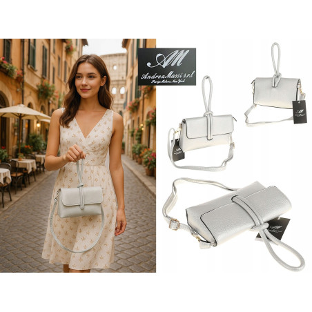 ANDREA MASSI Włoska Marka  Torebka z Pętelką Listonoszka HJ10174 Silver