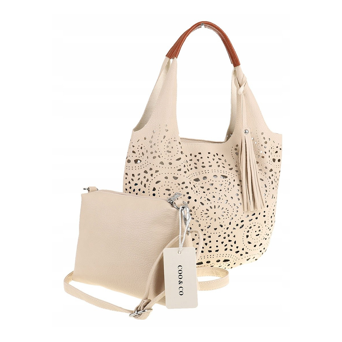 COO&CO WŁOSKA Torebka Damska Ażurowa na Ramię Worek Modna 1499 Beige