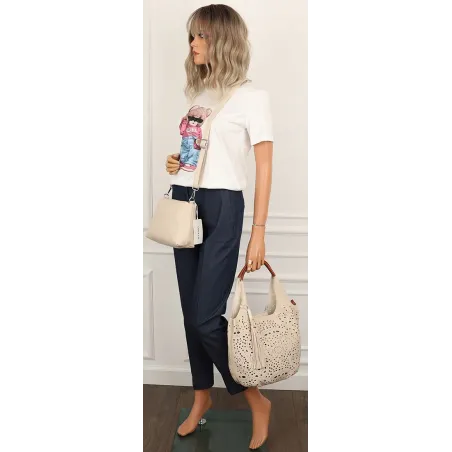 COO&CO WŁOSKA Torebka Damska Ażurowa na Ramię Worek Modna 1499 Beige