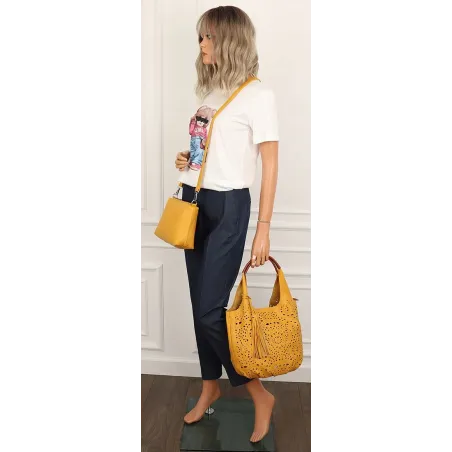 COO&CO WŁOSKA Torebka Damska Ażurowa na Ramię Worek Modna 1499 Yellow