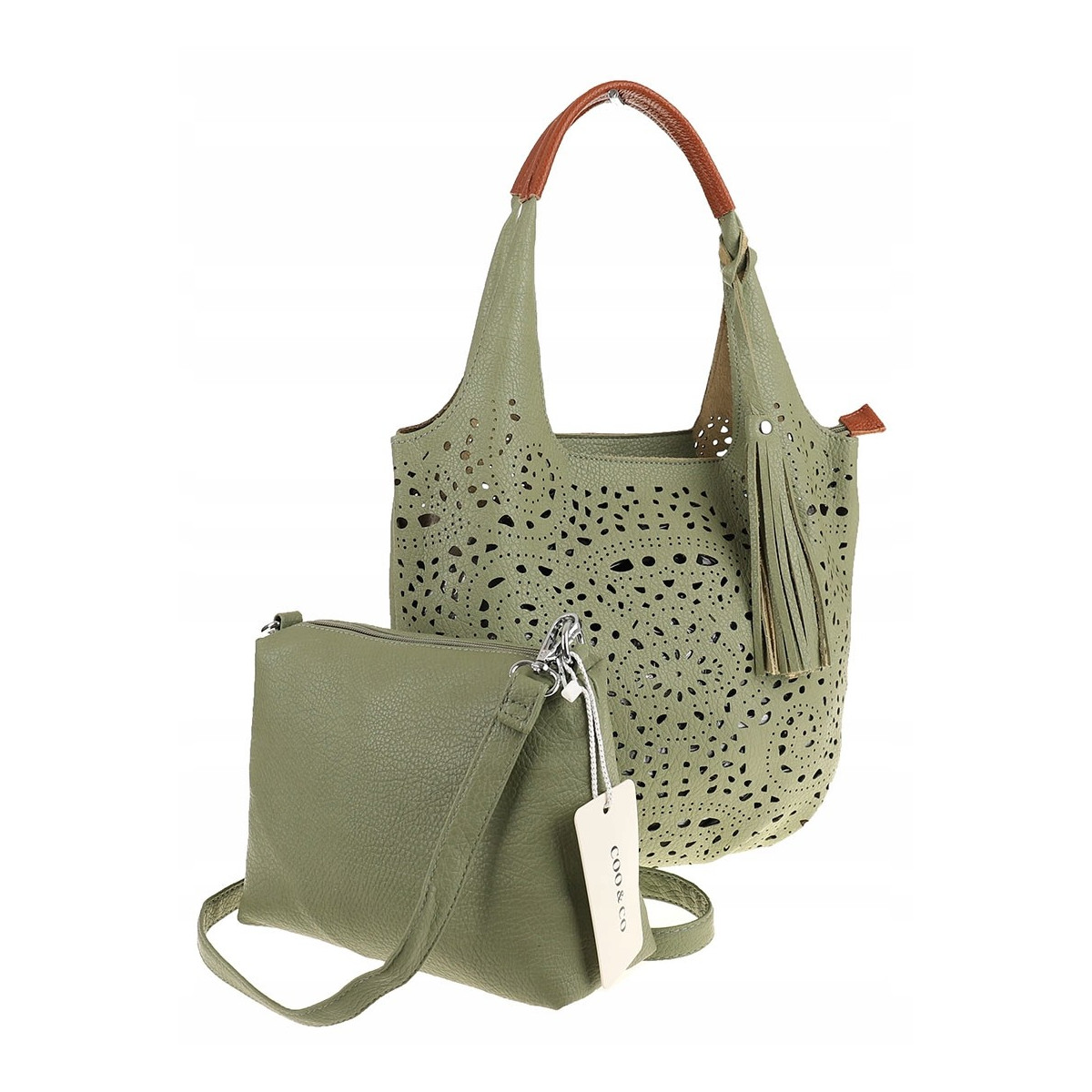 COO&CO WŁOSKA Torebka Damska Ażurowa na Ramię Worek Modna 1499 Green