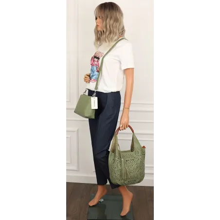 COO&CO WŁOSKA Torebka Damska Ażurowa na Ramię Worek Modna 1499 Green