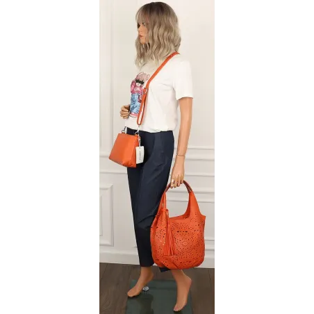 COO&CO WŁOSKA Torebka Damska Ażurowa na Ramię Worek Modna 1499 Orange
