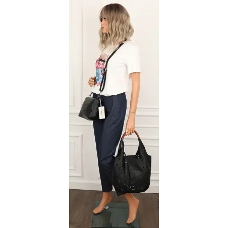 COO&CO WŁOSKA Marka  Torebka Damska Ażurowa na Ramię Worek Modna 1499 Black