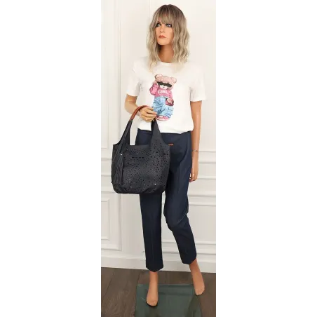 COO&CO WŁOSKA Marka  Torebka Damska Ażurowa na Ramię Worek Modna 1499 D.Blue