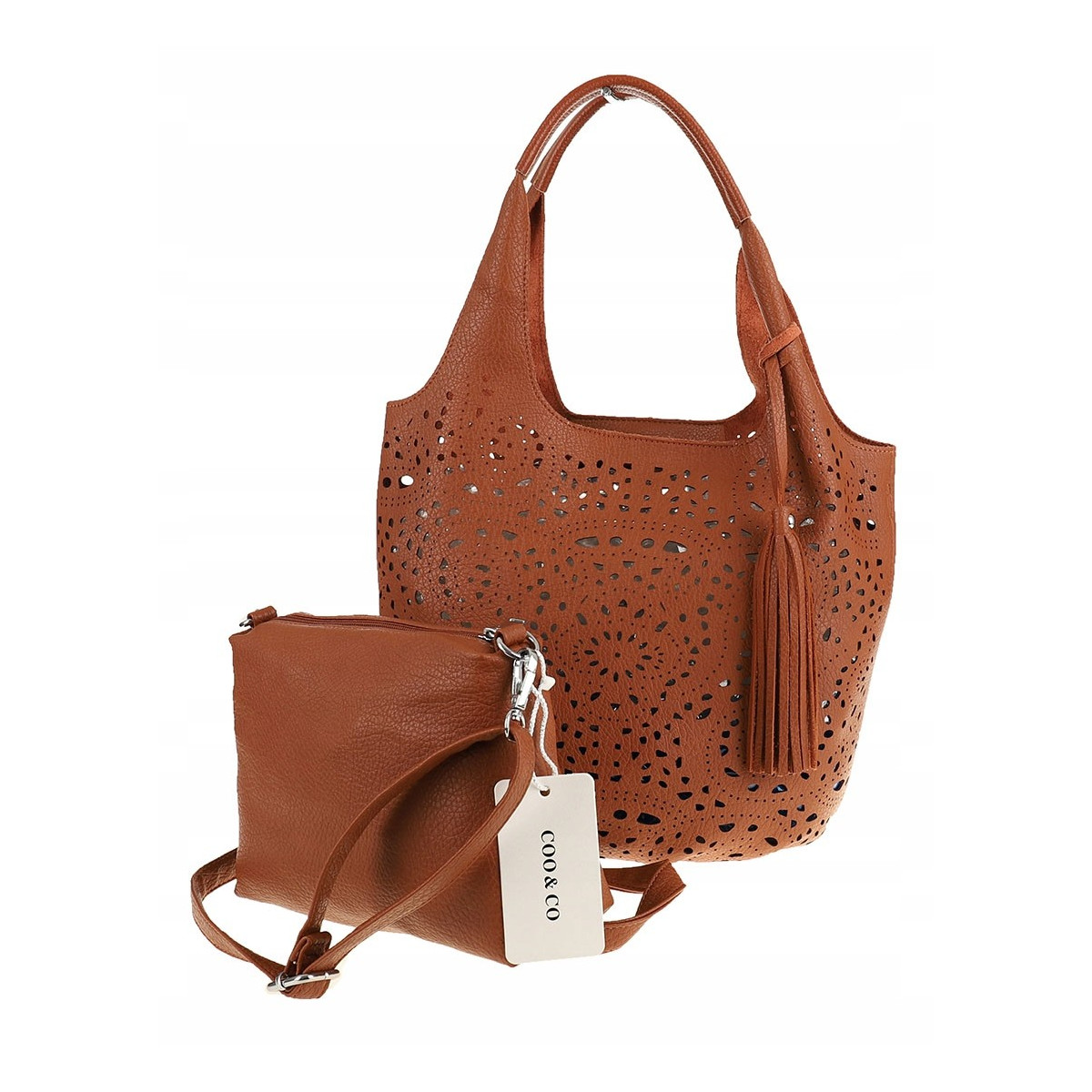COO&CO WŁOSKA Marka  Torebka Damska Ażurowa na Ramię Worek Modna 1499 Brown