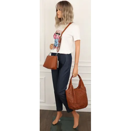 COO&CO WŁOSKA Marka  Torebka Damska Ażurowa na Ramię Worek Modna 1499 Brown