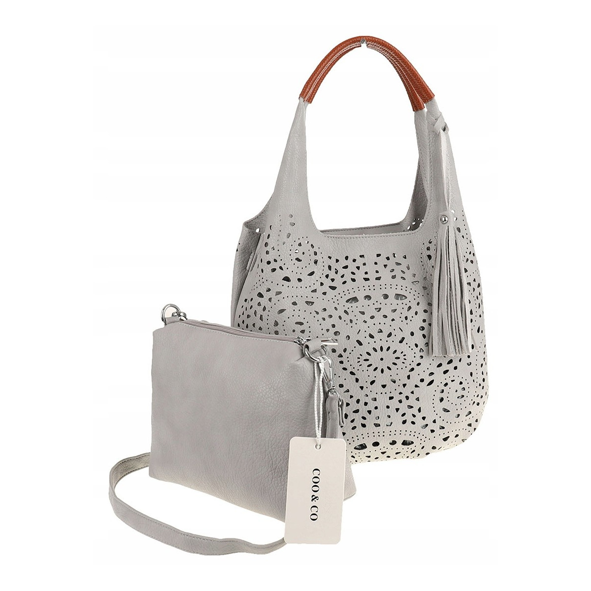 COO&CO WŁOSKA Torebka Damska Ażurowa na Ramię Worek Modna 1499 Grey