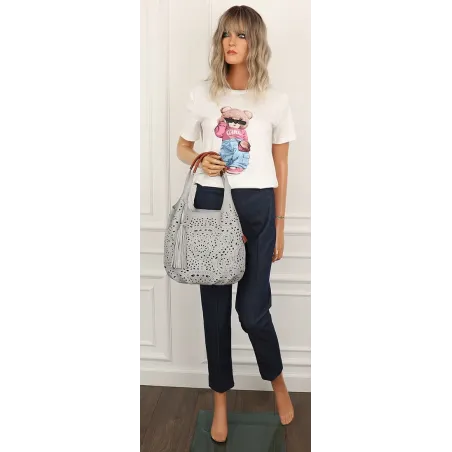 COO&CO WŁOSKA Torebka Damska Ażurowa na Ramię Worek Modna 1499 Grey