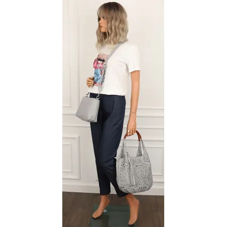 COO&CO WŁOSKA Torebka Damska Ażurowa na Ramię Worek Modna 1499 Grey