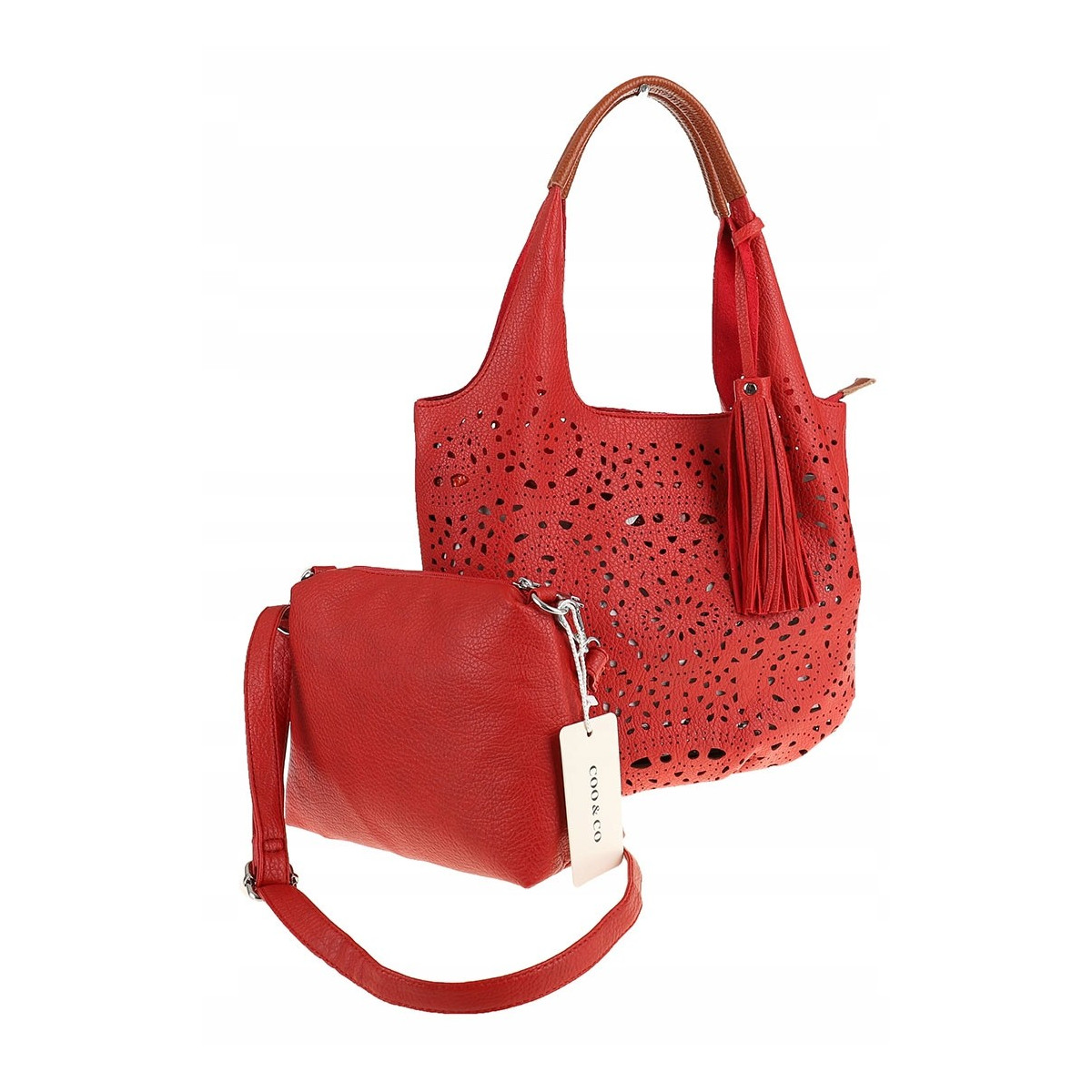 COO&CO WŁOSKA Marka Torebka Damska Ażurowa na Ramię Worek Modna 1499 Red