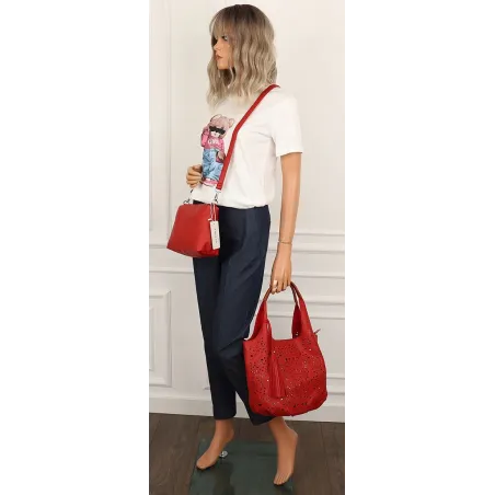COO&CO WŁOSKA Marka Torebka Damska Ażurowa na Ramię Worek Modna 1499 Red