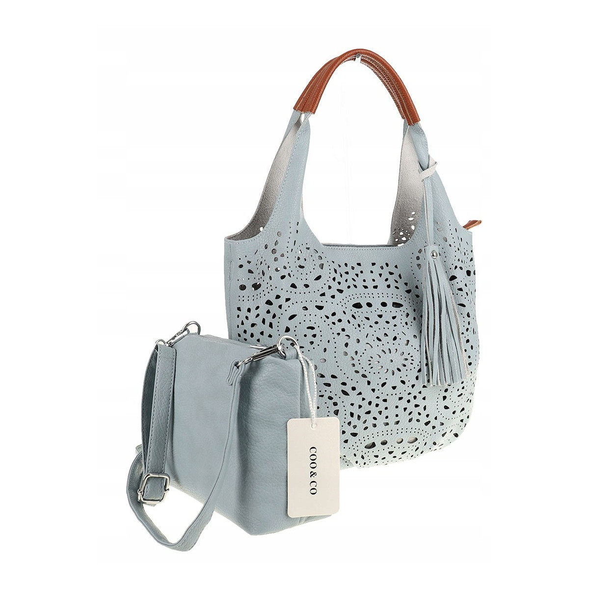 COO&CO WŁOSKA Torebka Damska Ażurowa na Ramię Worek Modna 1499 Blue