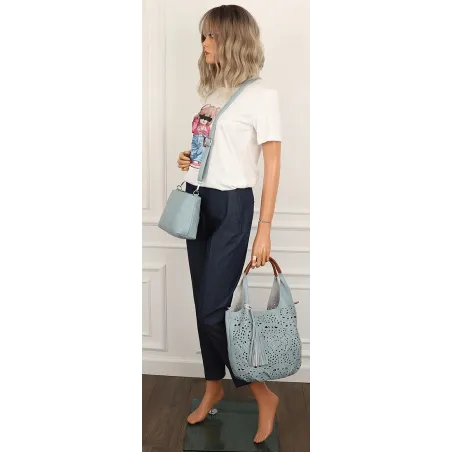 COO&CO WŁOSKA Torebka Damska Ażurowa na Ramię Worek Modna 1499 Blue