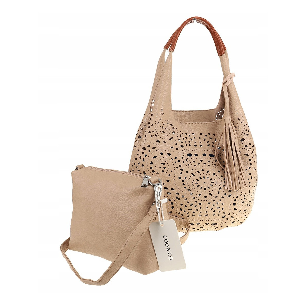 COO&CO WŁOSKA Torebka Damska Ażurowa na Ramię Worek Modna 1499 Khaki