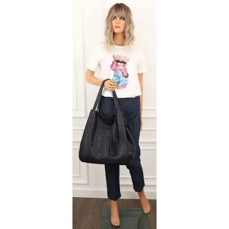 COO&CO WŁOSKA Marka  Torebka Damska Ażurowa na Ramię Worek Modna 1505 D. Blue