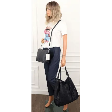 COO&CO WŁOSKA Marka  Torebka Damska Ażurowa na Ramię Worek Modna 1505 D. Blue