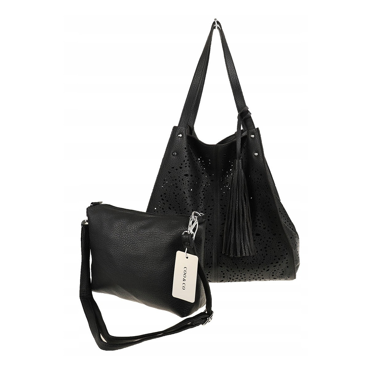 COO&CO WŁOSKA Marka Torebka Damska Ażurowa na Ramię Worek Modna 1505 Black