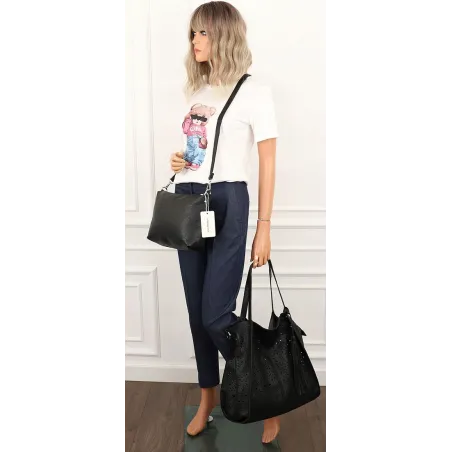 COO&CO WŁOSKA Marka Torebka Damska Ażurowa na Ramię Worek Modna 1505 Black