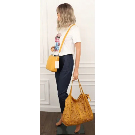 COO&CO WŁOSKA Torebka Damska Ażurowa na Ramię Worek Modna 1505 Yellow