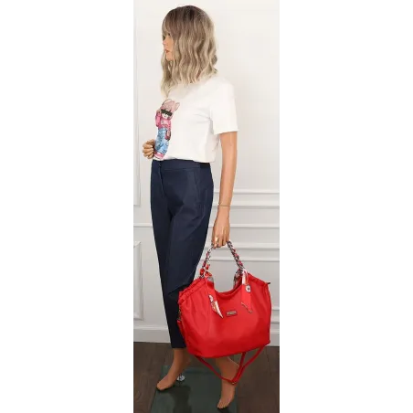 Torebka damska worek shopper A4 pojemna na ramię z łańcuszkiem CH2213 Czerwona