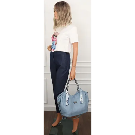 Torebka damska worek shopper A4 pojemna na ramię z łańcuszkiem CH2213 Niebieska