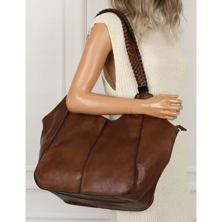 Torebka damska duża shopper worek na ramię pleciona rączka 203C Czekoladowa
