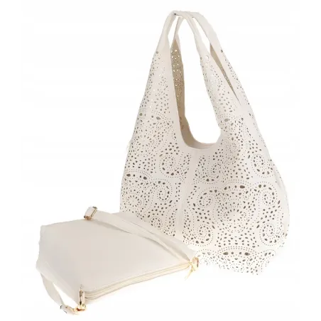 ANDREA MASSI Włoska Marka Torebka Damska Ażurowa 2w1 Worek na Ramię 23049 White