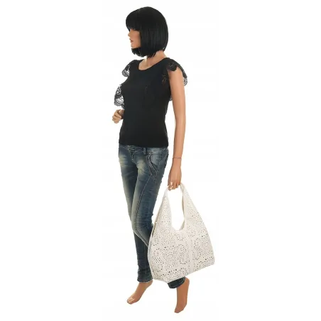 ANDREA MASSI Włoska Marka Torebka Damska Ażurowa 2w1 Worek na Ramię 23049 White