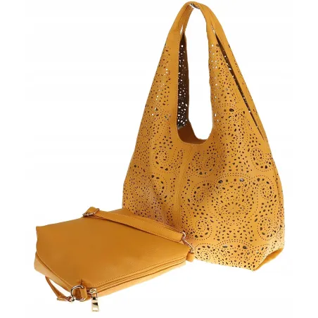 ANDREA MASSI Włoska Marka Torebka Damska Ażurowa 2w1 Worek na Ramię 23049 Yellow