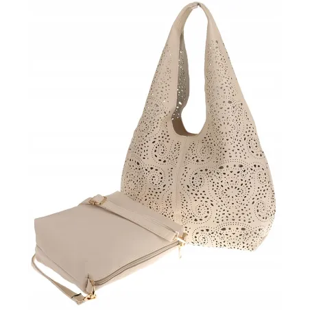 ANDREA MASSI Włoska Marka Torebka Damska Ażurowa 2w1 Worek na Ramię 23049 Beige