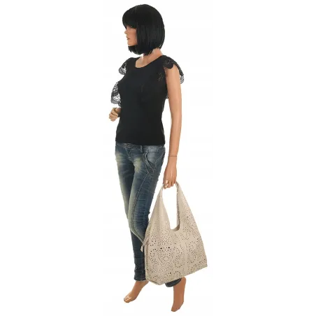 ANDREA MASSI Włoska Marka Torebka Damska Ażurowa 2w1 Worek na Ramię 23049 Beige