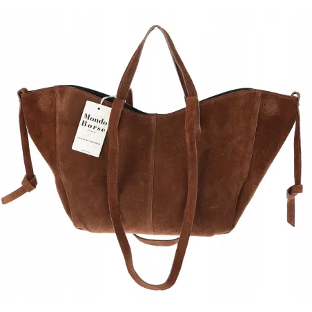 Włoska torebka damska VERA PELLE skórzana zamszowa shopper MB09 Brązowa