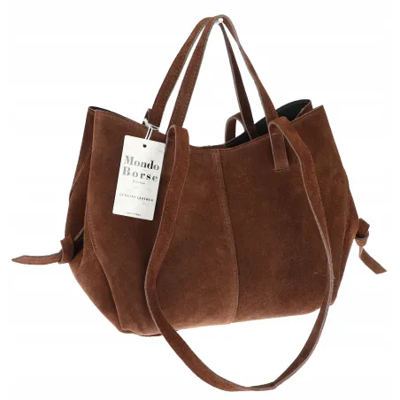 Włoska torebka damska VERA PELLE skórzana zamszowa shopper MB09 Brązowa