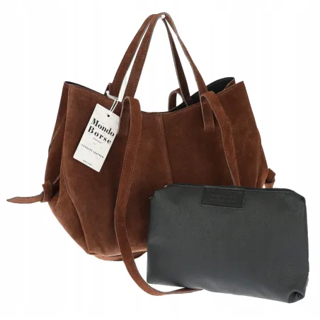 Włoska torebka damska VERA PELLE skórzana zamszowa shopper MB09 Brązowa