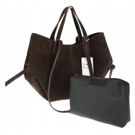 Włoska torebka damska VERA PELLE skórzana zamszowa shopper MB09 Czekoladowa