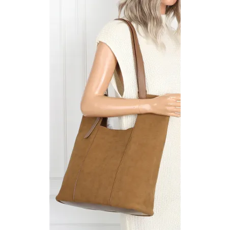 Torebka Damska Shopper duża HERISSON Torba na Ramię eko zamsz 60650 Brązowa