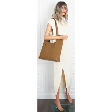 Torebka Damska Shopper duża HERISSON Torba na Ramię eko zamsz 60650 Brązowa