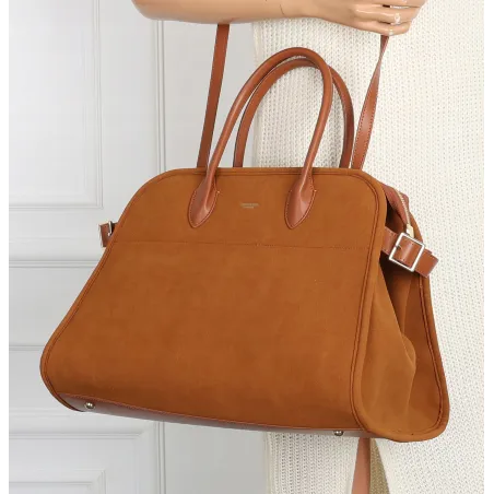 Torebka damska duża pojemna modna torba kuferek HERISSON zamsz 6053 Brązowa