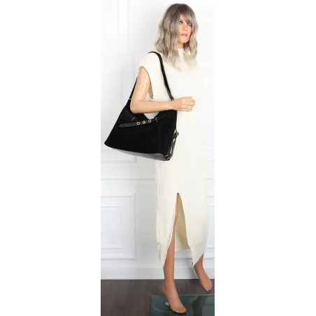 Torebka Damska zamsz Shopper Worek plecak 2w1 Pojemna A4 Torba 88026 Czarna