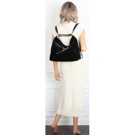 Torebka Damska zamsz Shopper Worek plecak 2w1 Pojemna A4 Torba 88026 Czarna