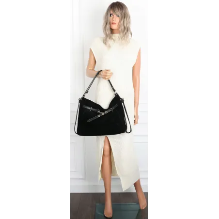 Torebka Damska zamsz Shopper Worek plecak 2w1 Pojemna A4 Torba 88026 Czarna